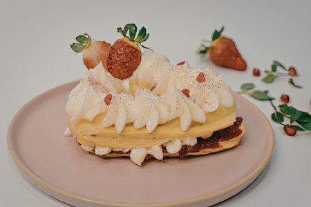 A layered cake with strawberries and cream on top, served on a pink plate.