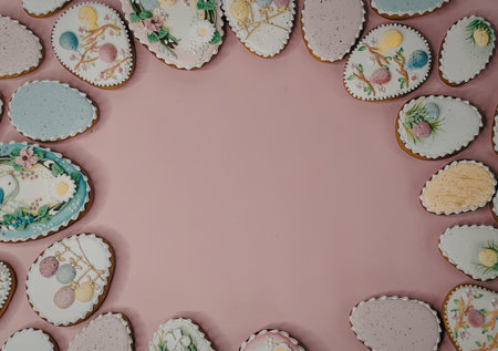 A border of decorated Easter egg-shaped cookies on a pink background