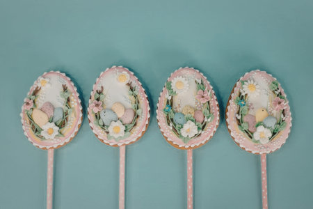 This image features four Easter egg-shaped lollipops with colorful candy and decorative borders on a light blue background.の写真素材