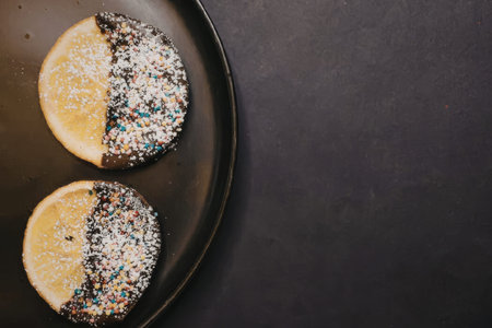 Two donuts on a black plate, one half covered in colorful sprinkles and the other half in white...