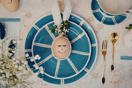 A beautifully set Easter table with a blue and white plate featuring a smiling egg, gold utensils,...