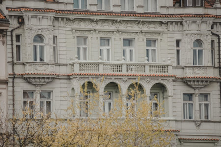The image shows a close-up of the facade of an old european building with a light green exterior, multiple windows, and balconies. The building appears to be historic with ornate details.の写真素材