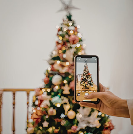 A hand holding a phone in front of a blurred Christmas tree, capturing a photo of the tree's decorations and lights.の写真素材
