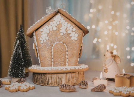 A gingerbread house decorated with white icing and candy, surrounded by Christmas cookies,...