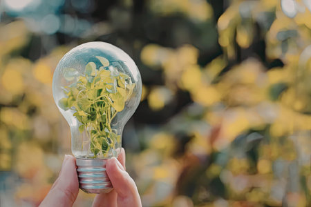 A hand holding a light bulb with a small green plant growing inside, set against a blurred background of trees with yellow and green leaves.の写真素材