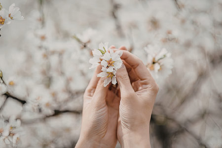 A person gently holds cherry blossom flowers in their hands, with a beautiful blooming tree in the...
