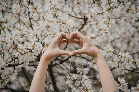 A person's hands forming a heart shape in front of a blooming tree with white flowers.の写真素材