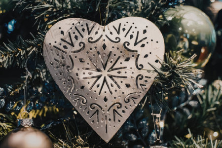 A heart shaped Christmas ornament hanging on a tree with snowflake design