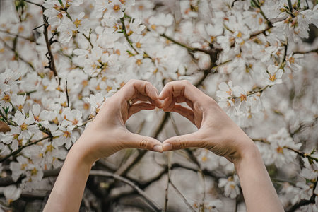 A pair of hands forming a heart shape in front of a beautiful cherry blossom tree.の写真素材
