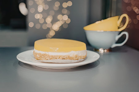 A round lemon cheesecake on a white plate with a cup of tea in the background.