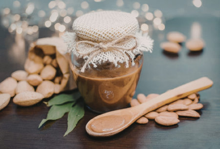 A jar of nut butter surrounded by cashews and a wooden spoon on a dark surface