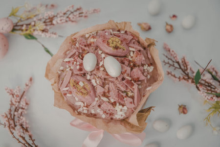 A pink frosted cupcake with two white eggs on top, surrounded by pink flowers and scattered eggs and...
