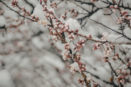 A close-up view of snow-covered branches with pink blossoms, showcasing the beauty of nature during winter.の写真素材