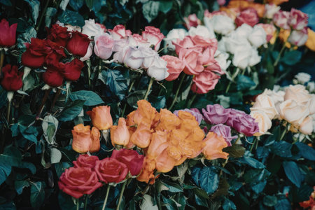 A vibrant and colorful garden filled with roses of various hues.の写真素材