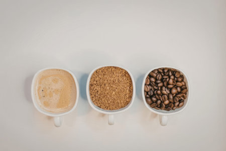 Three small white bowls containing different coffee ingredients, from left to right: coffee creamer, brown sugar, and coffee beans.の写真素材
