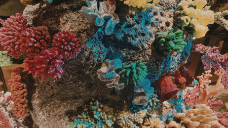 A colorful coral reef teeming with diverse marine life, showcasing a variety of coral species in shades of red, blue, green, yellow, and orange.の写真素材