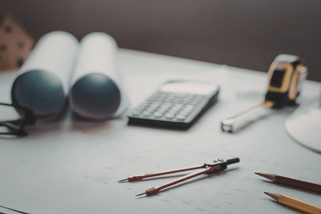 The image shows a table with various architectural design tools, including rolled up blueprints, a...