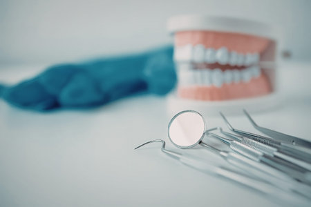 A close-up view of dental tools and equipment, including a dental mirror, excavator, and a model of...