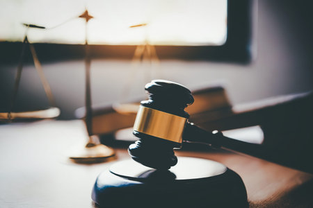 A close-up view of a gavel resting on a sound block on a desk in a courtroom, with a blurred...