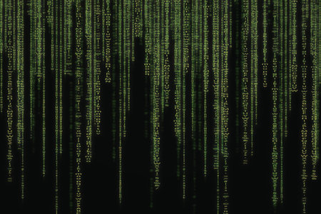 A digital representation of green binary code streaming down a black background, reminiscent of the...