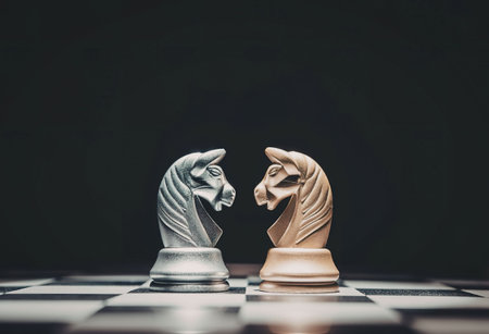 A silver and a gold chess knight piece facing each other on a chessboard with a black background.