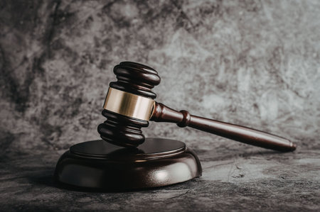 A dark brown wooden gavel with a gold band rests on a sound block against a gray background.