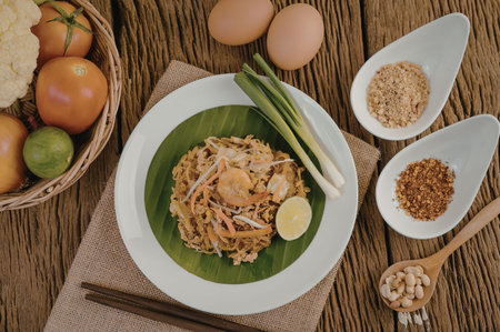 A plate of pad thai with shrimp, tofu, bean sprouts, and lime on a green leaf, served with eggs,...