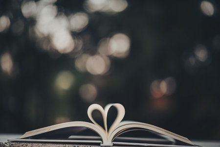 An open book with pages folded into a heart shape, set against a blurred background.