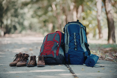 A blue backpack, a red and gray backpack, a pair of brown hiking boots, and a blue hat on a forest...