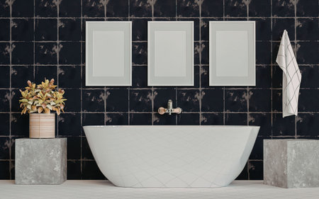 A modern bathroom featuring a freestanding white tub with gold faucet, set against a dark blue tiled...