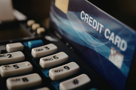 A close-up of a credit card on top of a calculator keyboard.