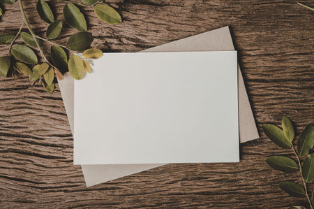 A white card and a brown envelope on a wooden table with green leaves