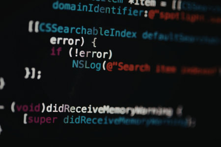 A close-up of a computer screen displaying coding error messages in various colors on a black background.の写真素材