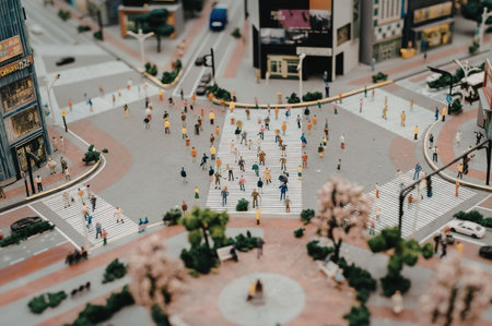 A miniature model of a bustling city square with people, trees, and buildings
