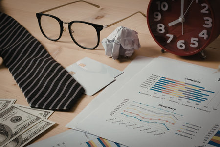 A cluttered desk with financial documents, money, a tie, glasses, and a clock, indicating a busy...