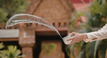 A hand holding a glass with water pouring out of it in an outdoor setting.