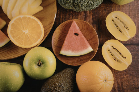A variety of fresh fruits arranged on a wooden table, including watermelon, oranges, kiwi, apples,...