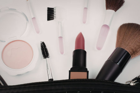 A collection of makeup brushes and cosmetics, including lipstick, eyeshadow, and mascara, arranged...
