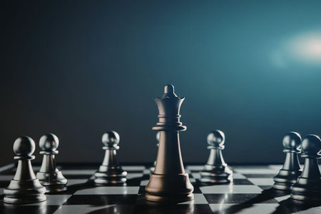 A close-up of a chessboard with a single queen piece standing prominently in the center, surrounded...