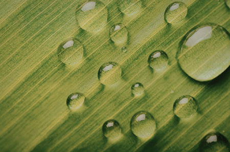 A close-up image of a green leaf with numerous water droplets on its surface.