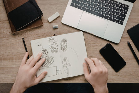 A person's hands holding a sketchbook with drawings on a desk with a laptop, phone, and other...