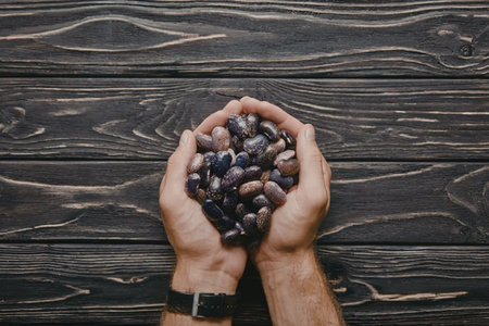 A person wearing a black watch holds a handful of purple beans against a dark wooden background.