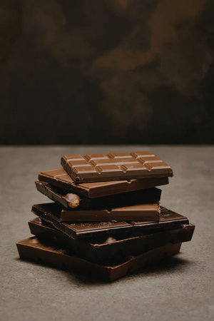 The image features a stack of chocolate bars on a gray surface, with a dark background.