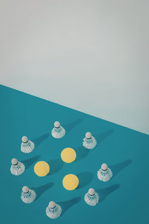 An arrangement of shuttlecocks and tennis balls on a blue and white background