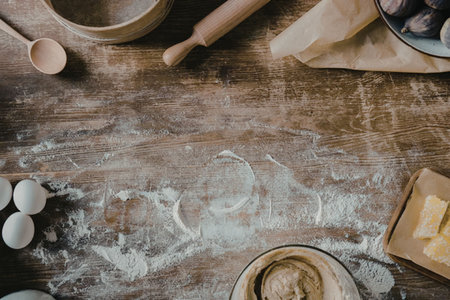 A wooden table with baking ingredients and tools, including flour, eggs, butter, and a rolling pin.