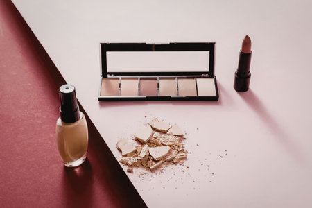 The image shows a collection of beauty products arranged on a pink background. The products include...