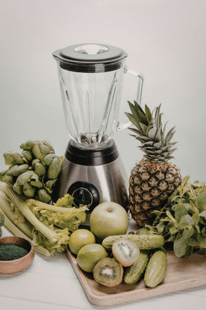 Blender surrounded by fresh fruits and vegetables on a wooden cutting board