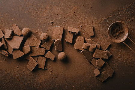 A selection of chocolate chunks and cocoa powder on a brown surface