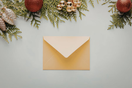 A yellow envelope surrounded by Christmas decorations