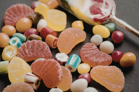 A vibrant assortment of candies including gummy bears, jelly beans, and other sweets scattered on a...